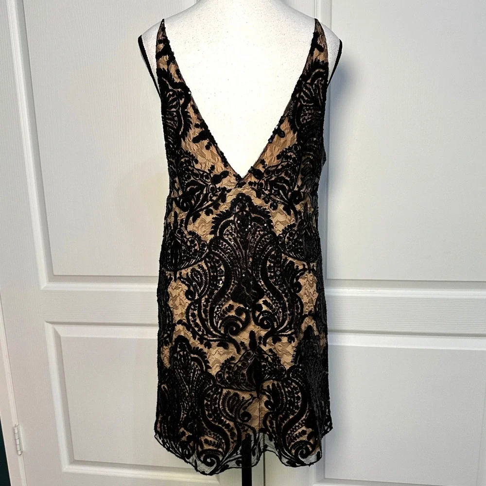 Free People Night Shimmers Mini Dress 8 Plunge Sequin Lace Nude Party Whimsigoth